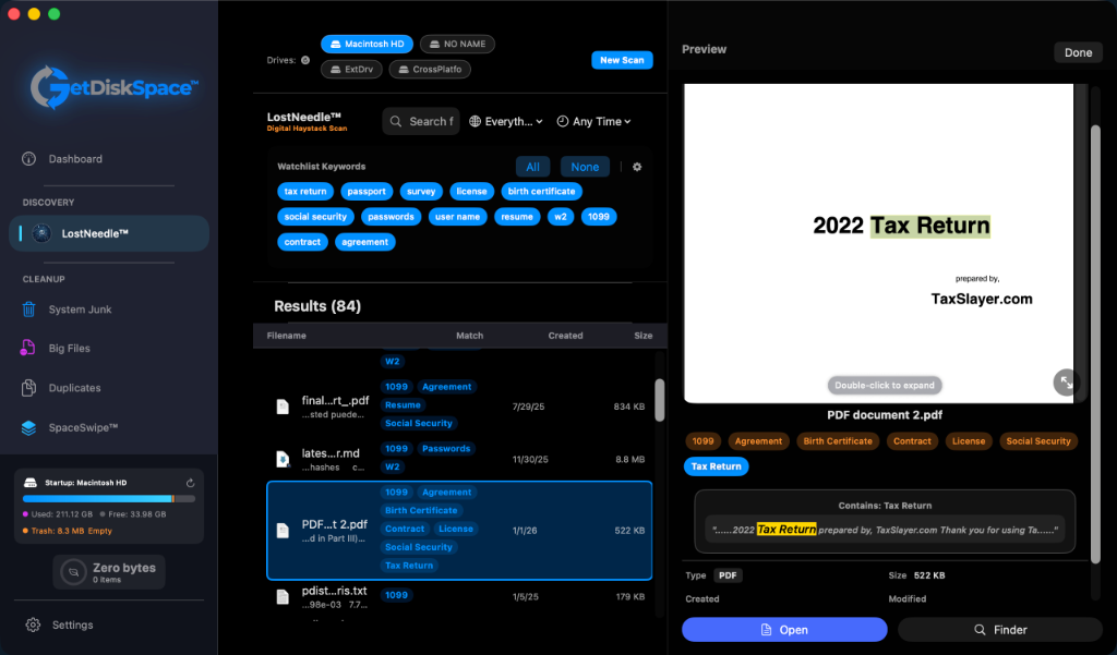 LostNeedle deep search results finding missing documents on Mac